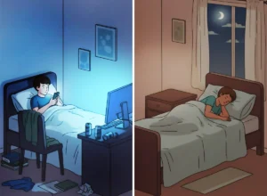 dos adolescentes con diferentes hábitos, en uno el jóven está con pantallas en la noche. El segundo está dormido sin luz artificial.